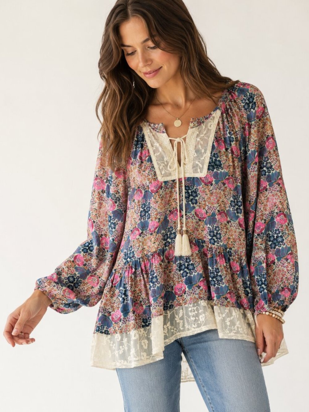 Matilda Jane Floral Peasant Tunic Lace Tassel Boho Prairie Blouse - Picture 1 of 10